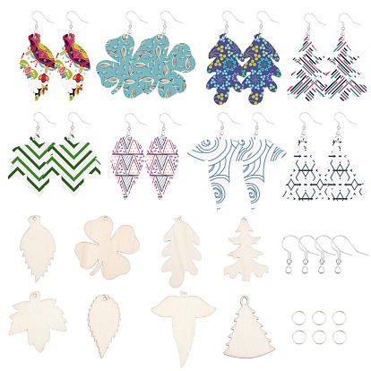 SUNNYCLUE DIY Dangle Earring Making Kits, with Brass Earring Hooks, Unfinished Wood Leaf Pendants