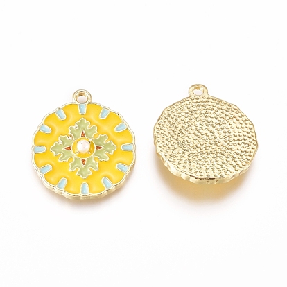 Alloy Enamel Pendants, Baroque Style, Flat Round with Flower, Yellow