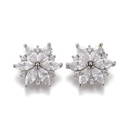 Brass Micro Pave Clear Cubic Zirconia Shank Buttons, Flower