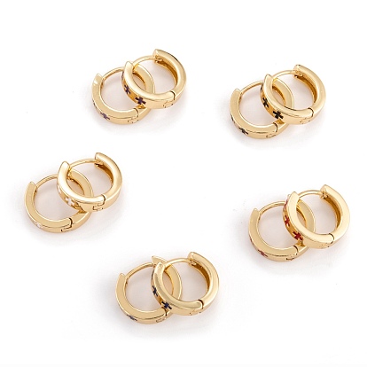 Brass Enamel Huggie Hoop Earrings, Ring with Cross, Real 18K Gold Plated