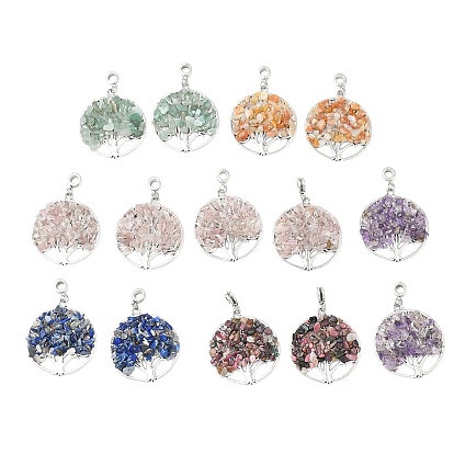 14Pcs 7 Styles Zinc Alloy European Dangle Charms, with Natural Mixed Stone Chip Beads, Flat Round with Tree of Life, Antique Silver