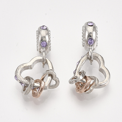 Alloy European Dangle Charms, with Rhinestone, Large Hole Pendants, Heart, Violet