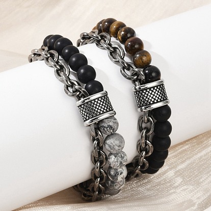 Браслеты из натуральных круглых смешанных драгоценных камней, 304 браслеты-цепочки из нержавеющей стали для женщин и мужчин