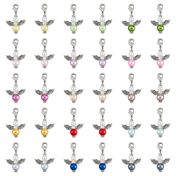 Ангельские подвески из сплава и акрила в тибетском стиле, с латунными карабин-лобстерами 