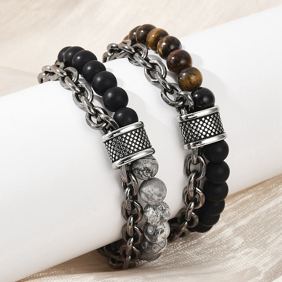 Браслеты из натуральных круглых смешанных драгоценных камней, 304 браслеты-цепочки из нержавеющей стали для женщин и мужчин