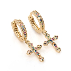 Brass Micro Pave Cubic Zirconia Huggie Hoop Earrings, Long-Lasting Plated, Cross, Colorful