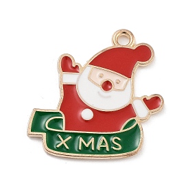 Christmas Light Gold Plated Alloy Enamel Pendants, Cadmium Free & Lead Free, Santa Claus with Word XMAS Charm