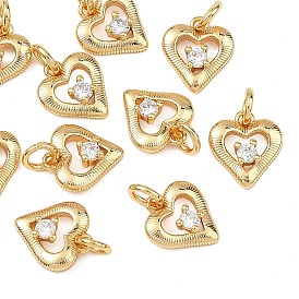 SHEGRACE Brass Clear Cubic Zirconia Charms, Heart Charms, Cadmium Free & Lead Free & Nickel Free