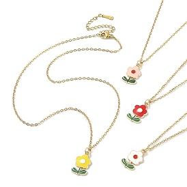 Zinc Alloy Enamel Flower Pendant Necklace with 304 Stainless Steel Cable Chains