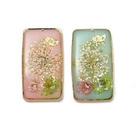 Plating Brass & Transparent Epoxy Resin & Dried Flower Pendants, Rectangle with Flower & Butterfly Pattern Charm, with Glitter Powder