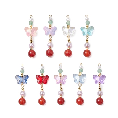 Подвески из натурального сердолика и стекла, бабочка, с золотистой латунной петлей