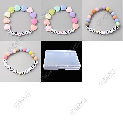 4pcs 4 styles mot grande petite sœur ensemble de bracelets extensibles en perles de cœur en acrylique, pour le cadeau d'annonce de soeur de meilleurs amis