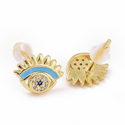 Cubic Zirconia Evil Eye Stud Earrings with Enamel, Gold Plated Brass Jewelry for Women, Cadmium Free & Lead Free
