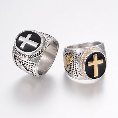 304 Stainless Steel Finger Rings, with Enamel, Wide Band Rings, Cross