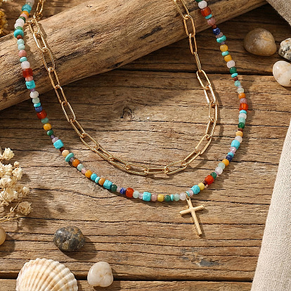 304 Подвеска в виде креста из нержавеющей стали, двухслойное ожерелье из жемчуга, стекла и смешанных камней для женщин, красочный