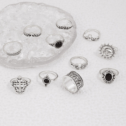 Cross Black Gemstone Leaf Sunflower Silver Ring Set - 11 Pieces, Vintage European Style for Women