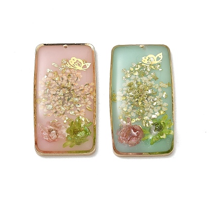 Plating Brass & Transparent Epoxy Resin & Dried Flower Pendants, Rectangle with Flower & Butterfly Pattern Charm, with Glitter Powder