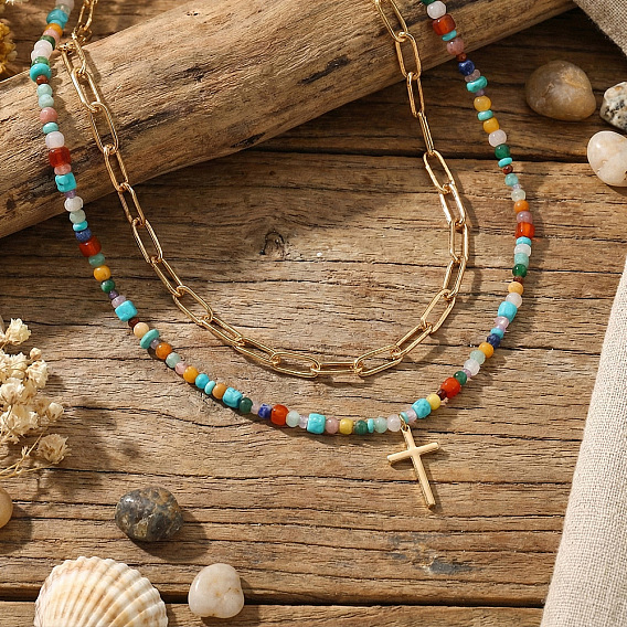 304 Colliers à double rang pour femmes, ornés d'un pendentif croix en acier inoxydable, de perles de verre et de pierres mélangées., colorées