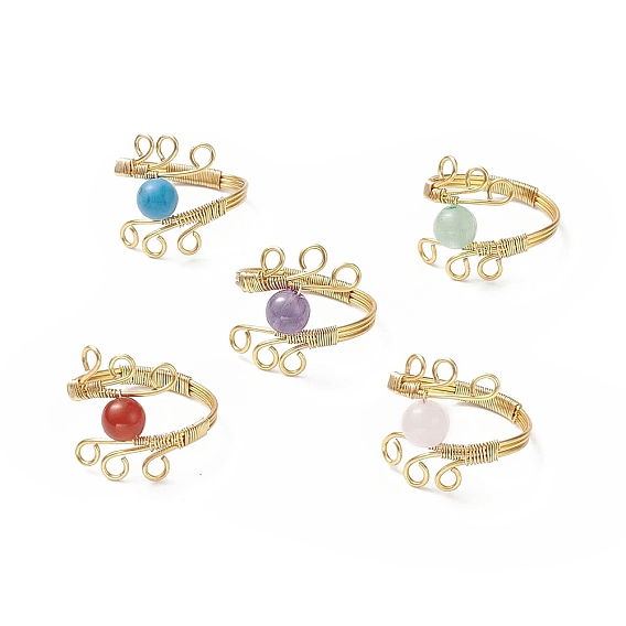 Gemstone Round Beaded Finger Ring, Golden Copper Wire Wrapped Jewelry for Women