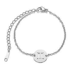201 Stainless Steel Link Bracelets, with Cable Chains and Lobster Claw Clasps, Flat Round with Constellation