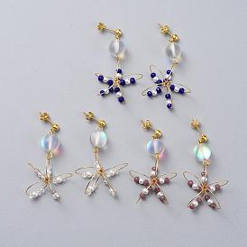 Ohrstecker baumeln, mit Messing Ohrstecker Erkenntnisse, Glas, synthetische Mondsteinperlen, Ohrringrücken und Pappkarton, Blume, golden
