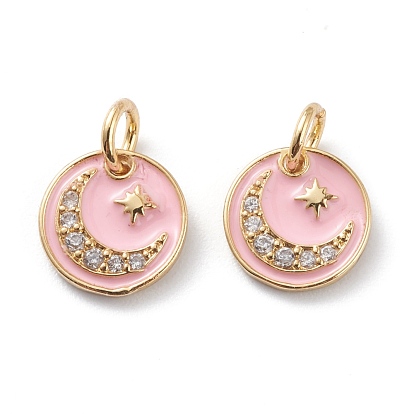 Brass Micro Pave Clear Cubic Zirconia Charms, with Pink Enamel, Long-Lasting Plated, With Jump Rings, Flat Round with Moon and Star