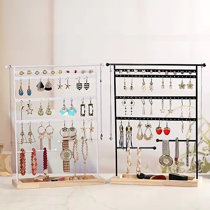 Железная подставка для ювелирных изделий с деревянным подносом, настольный органайзер для ювелирных изделий для хранения серег, колец, браслетов