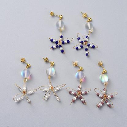 Ohrstecker baumeln, mit Messing Ohrstecker Erkenntnisse, Glas, synthetische Mondsteinperlen, Ohrringrücken und Pappkarton, Blume, golden