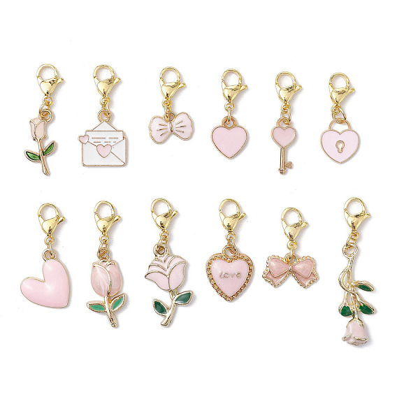 12 шт. День святого Валентина сплав эмаль сердце роза подвеска украшения, Подвески с застежками-когтями омара для украшения сумок
