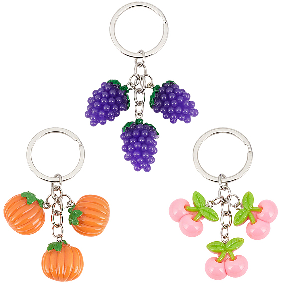 3шт. 3 виды пластиковых брелоков, с кольцами для ключей из сплава, платина, тема фруктов