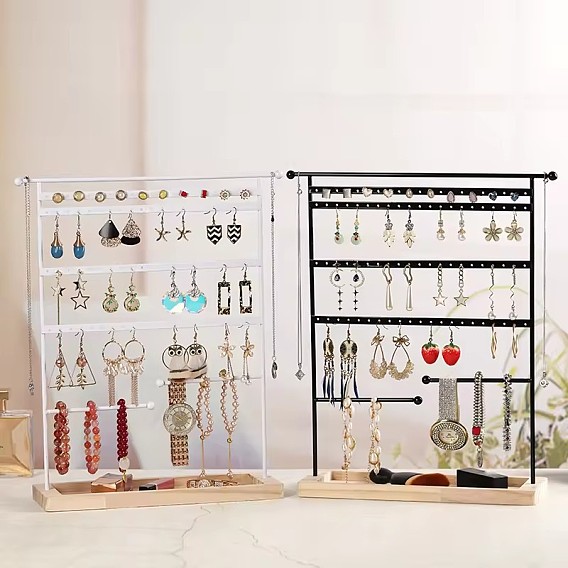 Железная подставка для ювелирных изделий с деревянным подносом, настольный органайзер для ювелирных изделий для хранения серег, колец, браслетов