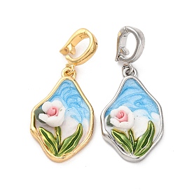 Brass Enamel Pendants, with Resin, Irregular Oval with Flower Charm