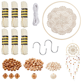DIY Decorations Making Kits, Including Polypropylene Fiber Ribbons, Bamboo Circle Cross Stitch Hoop Ring, Cotton String Threads, Wood Beads, Cotton Lace Cup Coasters, Stainless Steel S-Hook Clasps