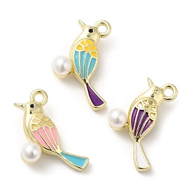 Alloy Enamel Pendants, with Acrylic Imitation Pearls, Golden, Bird Charm