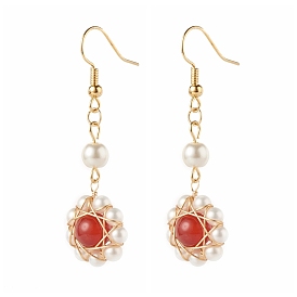 Flower Dangle Earrings for Girl Women, Round Shell Pearl Beads & Natural Carnelian Beads Earrings with Brass Hooks, Golden