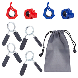 SUPERFINDINGS 9Pcs 5 Style ABS Plastic Barbell Clamps, with Stainless Steel Spring Clip Collars, Water-proof Leather Storage Drawstring Bag