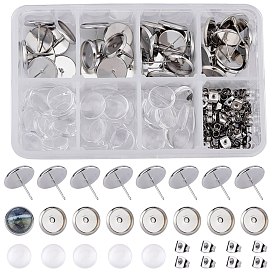 SUNNYCLUE DIY Earring Making Kits, with Brass Stud Earring Settings, 12mm Transparent Clear Half Round Glass Cabochons and 304 Stainless Steel Ear Nuts