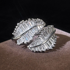 Brass Pave Clear Cubic Zirconia Cuff Open Rings, Leaf