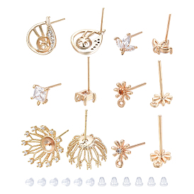 BENECREAT Brass Micro Cubic Zirconia Stud Earring Findings, with Plastic Ear Nuts, Mixed Shapes