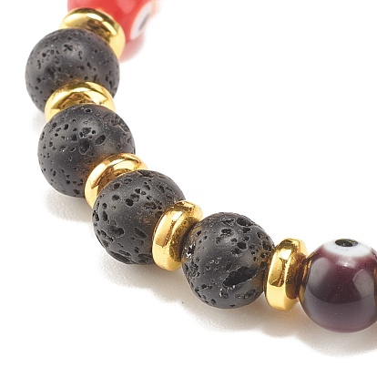 Round Evil Eye Lampwork & Natural Lava Rock Beaded Stretch Bracelet, Essential Oil Gemstone Jewelry for Women