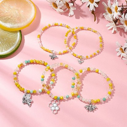 5шт. браслеты с подвесками в виде пчел из сплава, браслеты из граненых стеклянных бусин для женщин