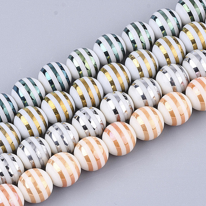 Electroplate Glass Beads Strands, Round with Stripe