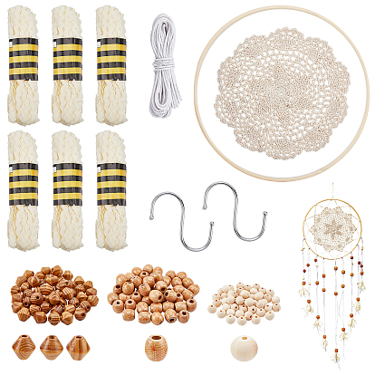 Décorations de bricolage faisant des kits, y compris les rubans en fibre de polypropylène, anneau de cercle en bambou au point de croix, fils de coton, Perle en bois, dessous de verre en dentelle de coton, fermoirs à crochet en S en acier inoxydable
