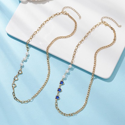 2 шт. 2 цветные круглые белые ракушечные жемчужины и сердечки 304 ожерелья из нержавеющей стали со стеклянными звеньями для женщин, золотые