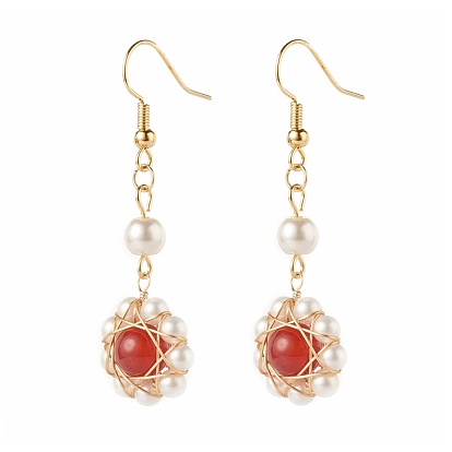 Flower Dangle Earrings for Girl Women, Round Shell Pearl Beads & Natural Carnelian Beads Earrings with Brass Hooks, Golden