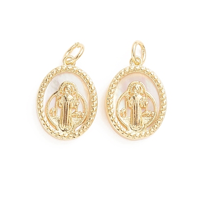 Religion Brass Pendants, with Natural Shell and Jump Ring, Oval with Saint Benedict Medal