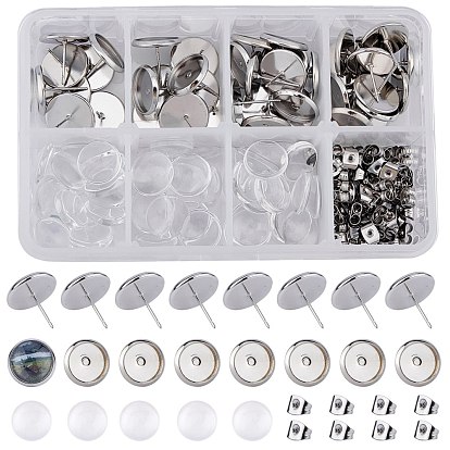 DIY Earring Making Kits, with Brass Stud Earring Settings, 12mm Transparent Clear Half Round Glass Cabochons and 304 Stainless Steel Ear Nuts