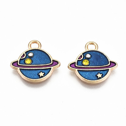 Alloy Enamel Charms, with Rhinestone with Glitter Powder, Cadmium Free & Lead Free, Planet, Light Gold