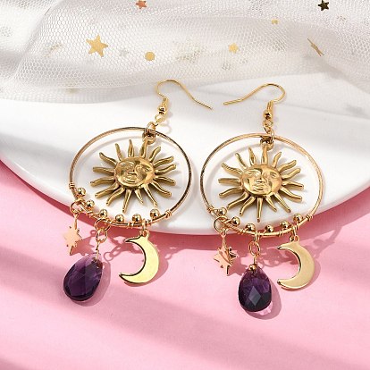 Sun & Moon & Star Alloy Chandelier Earrings, Glass Teardrop Long Drop Earrings