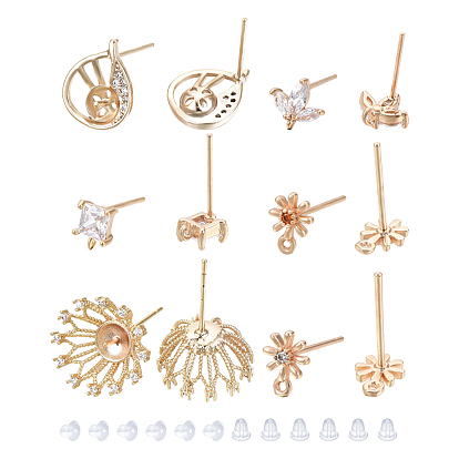 Brass Micro Cubic Zirconia Stud Earring Findings, with Plastic Ear Nuts, Mixed Shapes